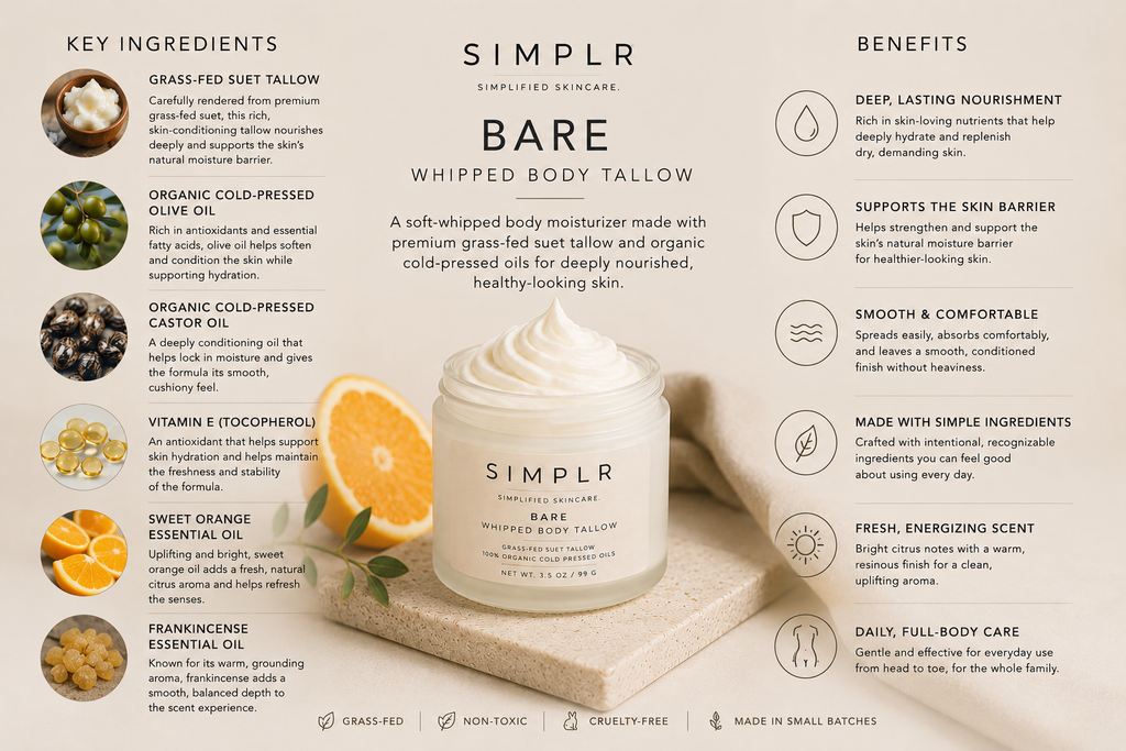 Bare Whipped Body Tallow ingredients and skin benefits – natural, nourishing body moisturizer by SIMPLR