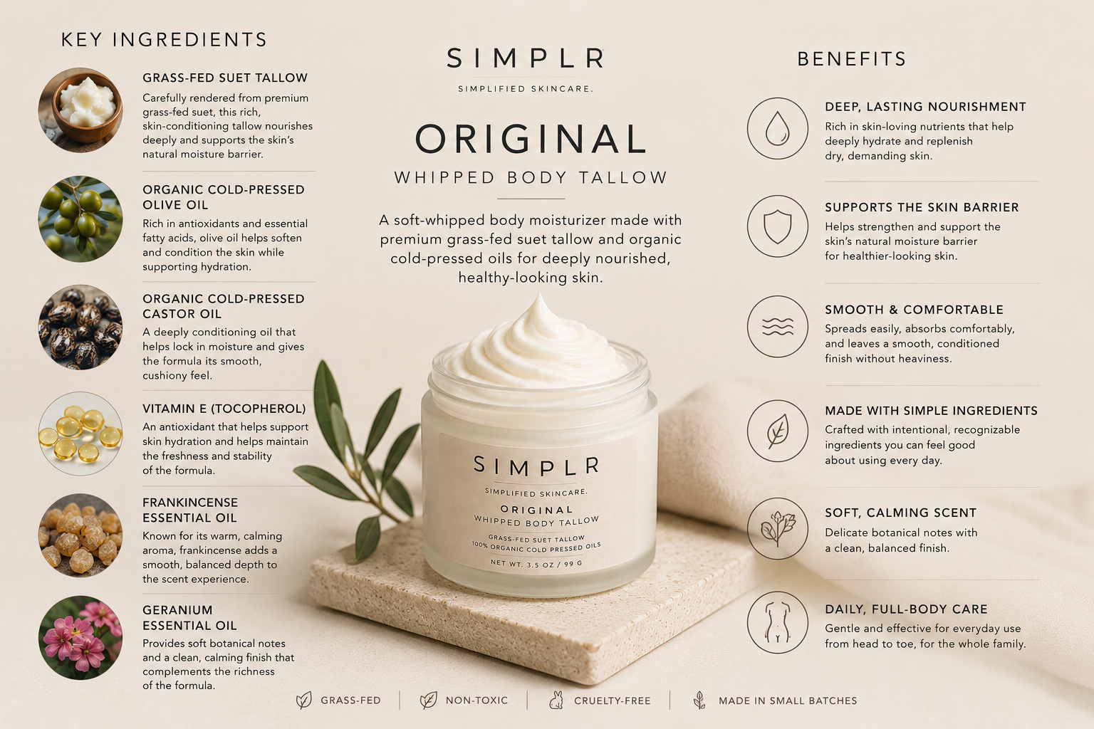 SIMPLR Whipped Body Tallow ingredients and skin benefits – natural, nourishing body moisturizer